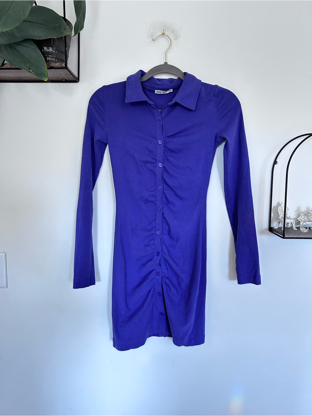Zara Long Sleeve Button Front Purple Mini Cotton Shirt Dress Size XS